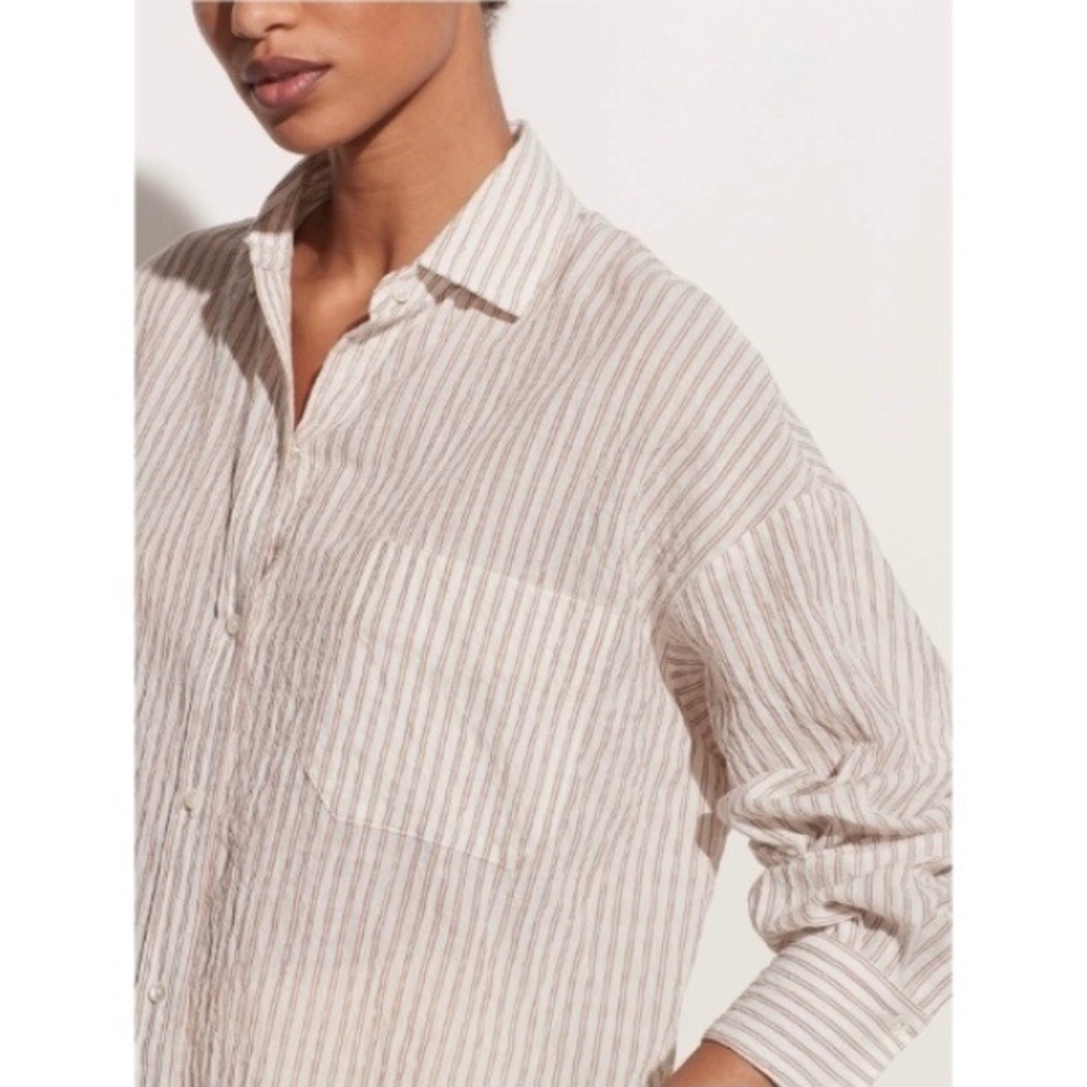 Vince Relaxed Striped Crinkled Cotton Gauze Shirt Oak Cream XS Old Money Coastal